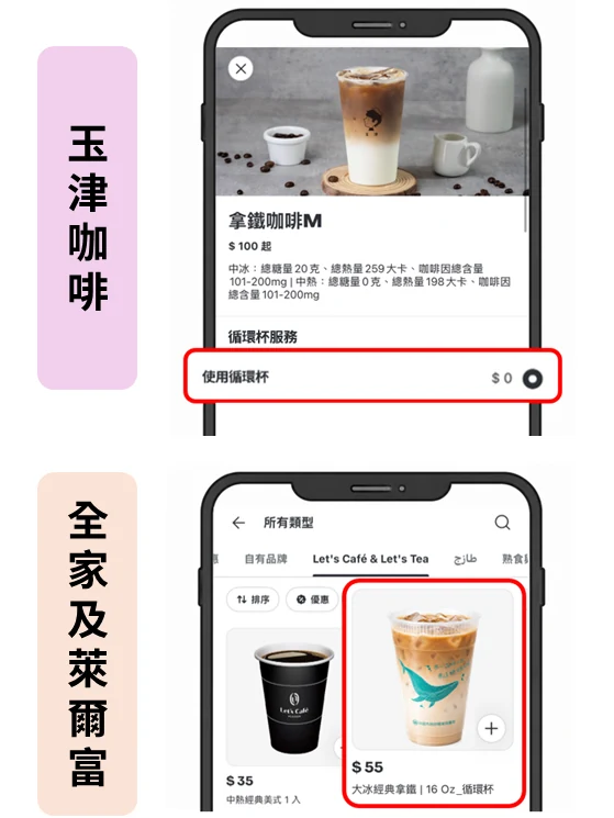 玉津咖啡與超商的循環杯選購畫面