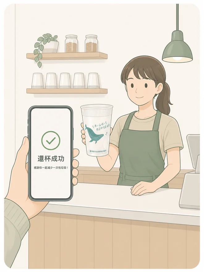 出示還杯成功畫面並將杯子交給門市人員